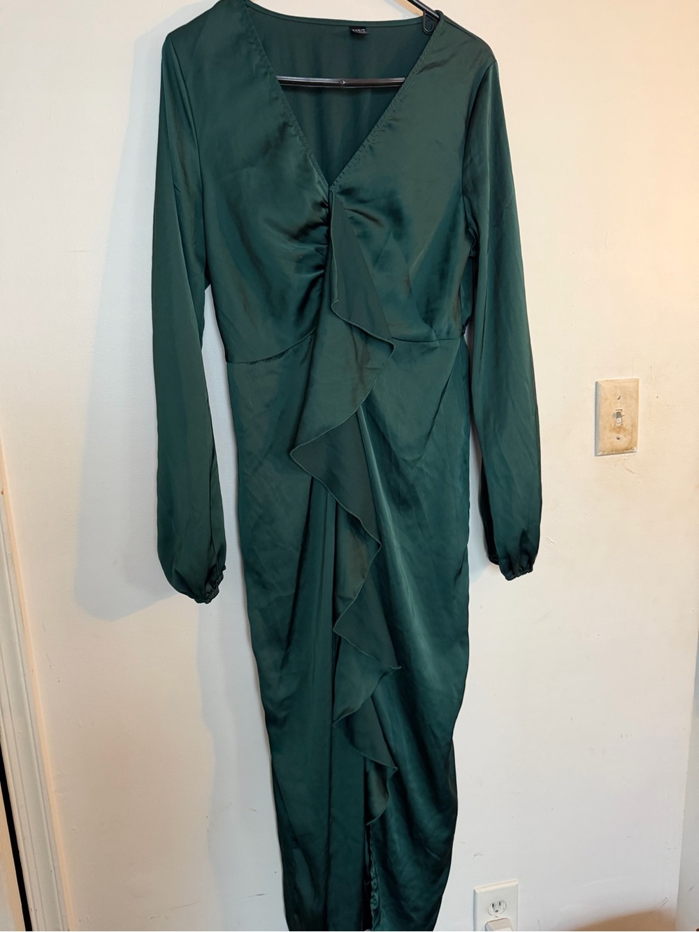 SHEIN Emerald Green Long Sleeve Ruffle Wrap Dress